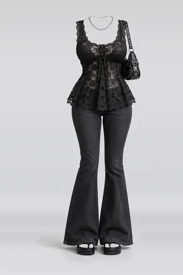 Black lace blouse + jeans