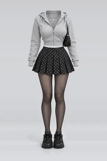 Grey hoodie + black polka-dot pleated mini skirt