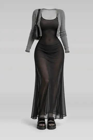 Black dress + grey cardigan