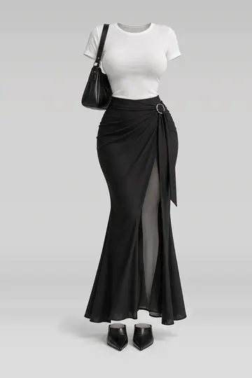 White knit top + black maxi skirt