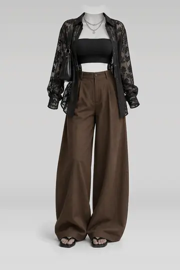 Black lace shirt + brown trousers