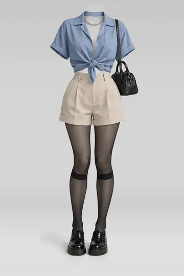 Blue shirt + beige shorts