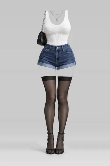White knit denim shorts + black stockings