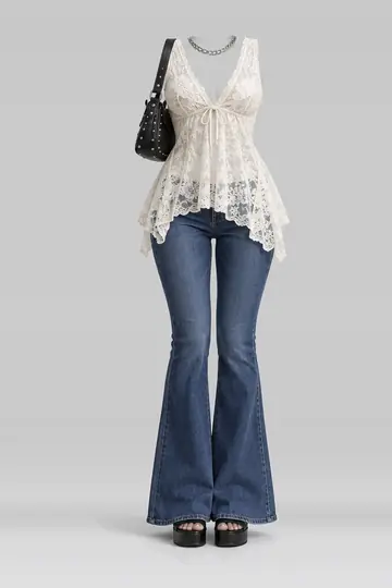 White lace blouse + jeans