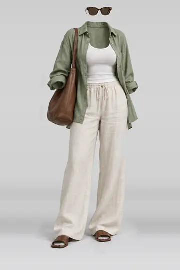 Green shirt + white trousers