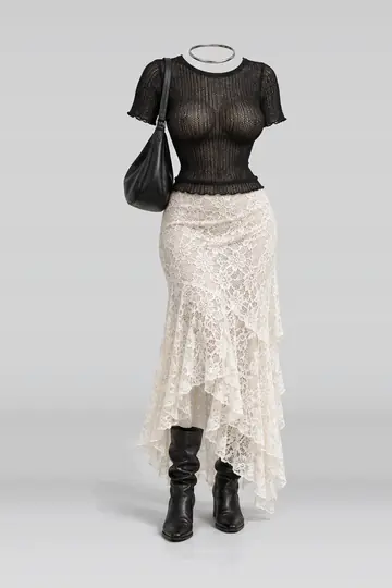 Black knit top + white lace skirt