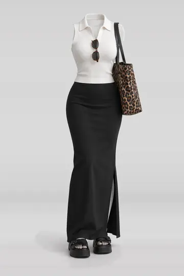 White knit top + black maxi skirt