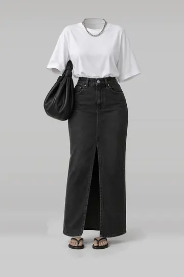 White shirt + black denim maxi skirt
