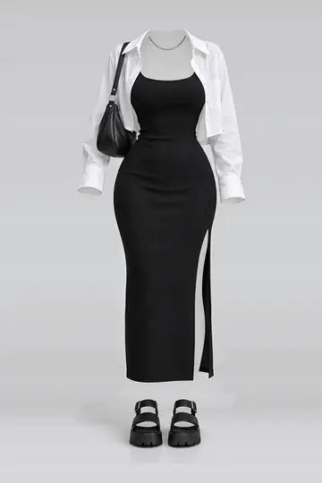 Black knit camisole + midi dress