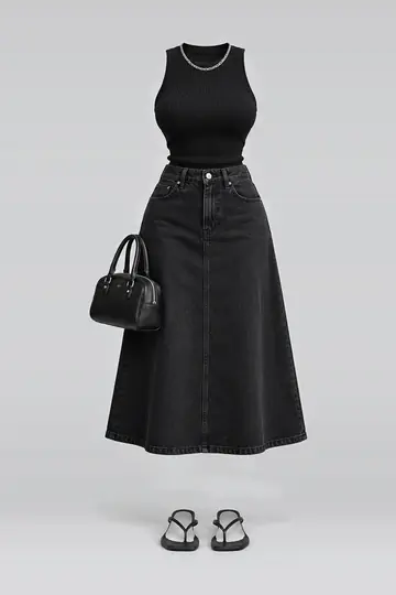 Black knit denim midi skirt + sandals