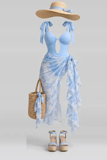 Blue swimsuit + ribbon skirt