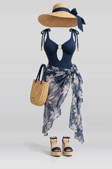 Navy swimsuit + ribbon skirt