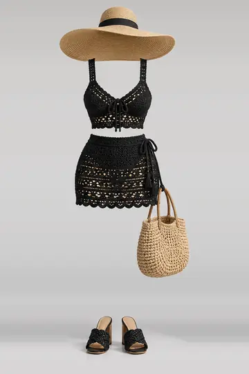 Black knit mini skirt + hat
