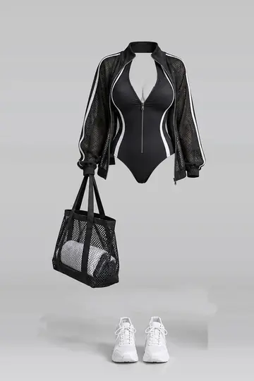 Black swimsuit + jacket