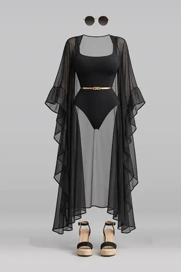 Black swimsuit + gold belt