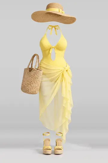 Yellow swimsuit + ribbon skirt