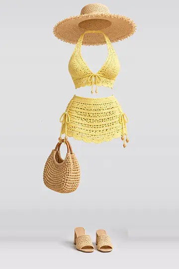 Yellow knit mini skirt + hat