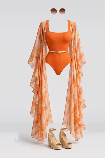 Orange swimsuit + gold belt