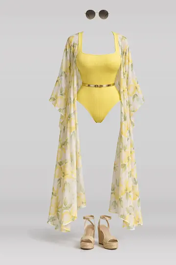 Yellow swimsuit + gold belt