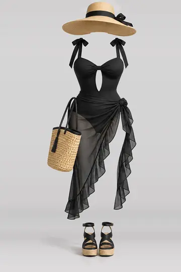 Black swimsuit + ribbon skirt