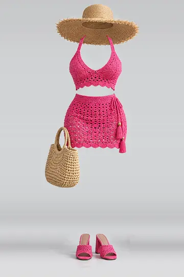 Pink knit mini skirt + hat