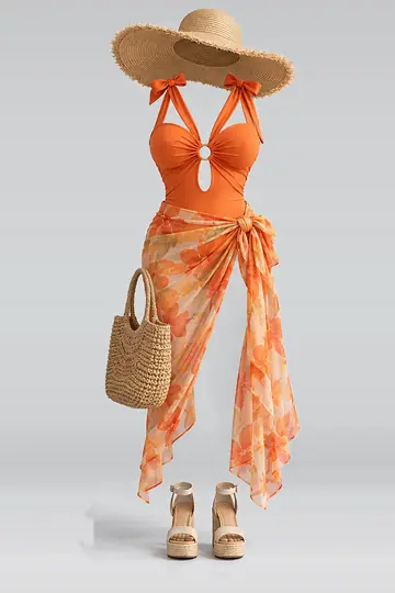 Orange swimsuit + ribbon skirt