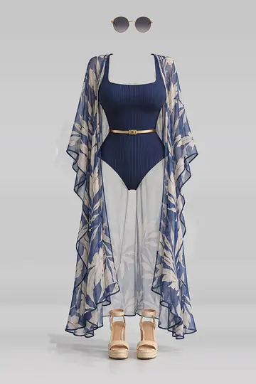 Navy swimsuit + gold belt