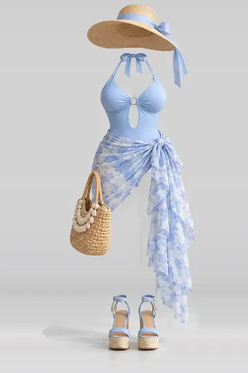 Blue swimsuit + ribbon skirt
