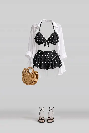 Black polka-dot frill skirt + shirt