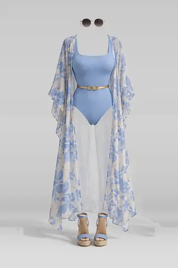 Blue swimsuit + gold belt
