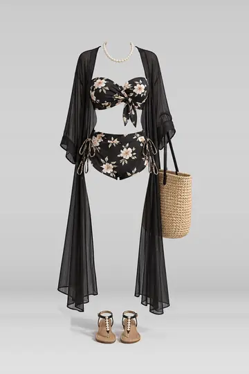 Black floral trousers + cardigan