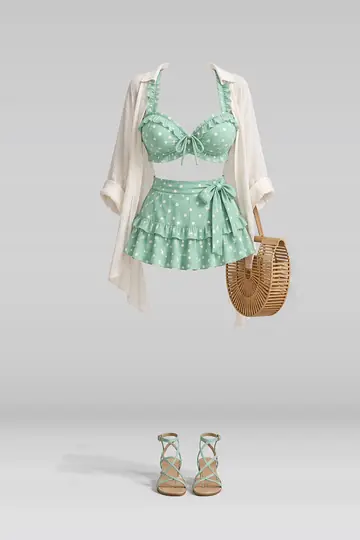 Mint polka-dot frill skirt + shirt