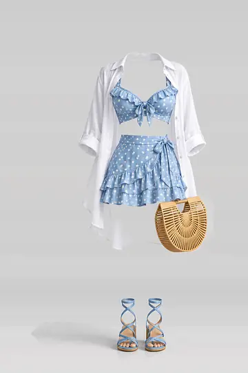 Blue polka-dot frill skirt + shirt