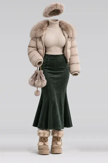 Beige knit top + green corduroy skirt