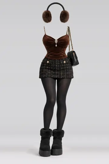 Brown velvet camisole + black mini skirt
