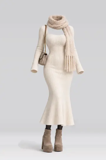 Ivory knit dress + black tights