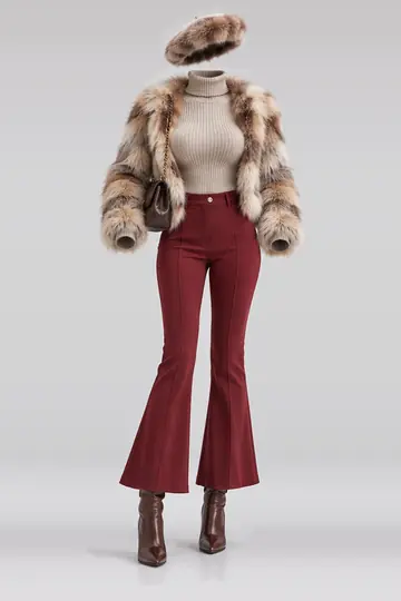 Beige knit top + red trousers