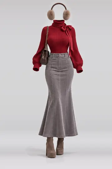 Red turtleneck + knit ribbon
