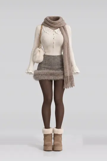 Ivory lace knit top + grey fur mini skirt