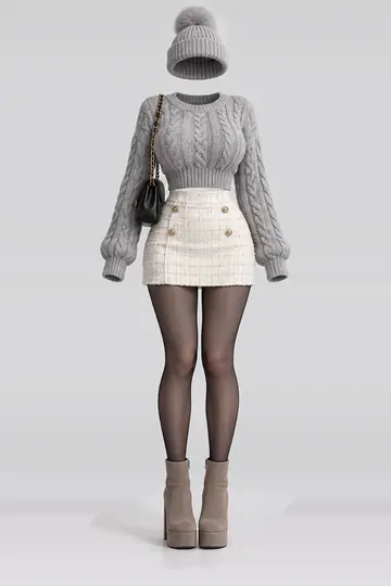 Silver grey knit sweater + ivory mini skirt