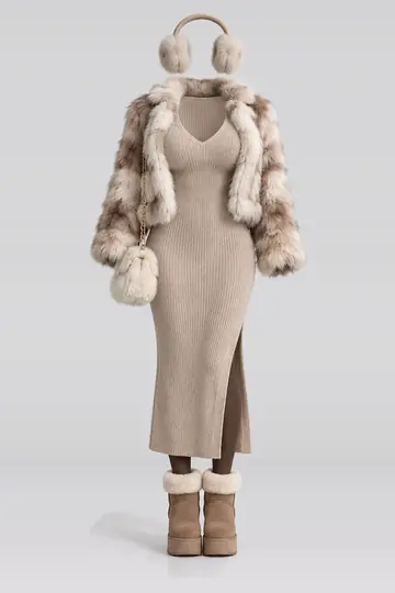 Beige knit dress + fur jacket