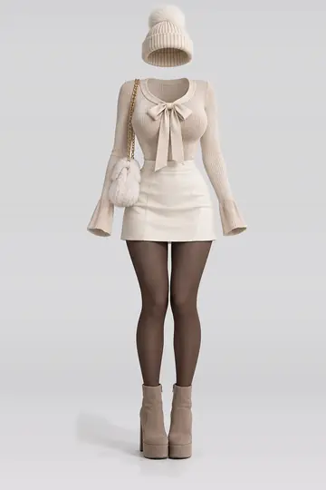 Beige knit top + ivory leather mini skirt