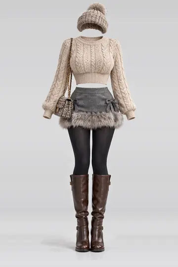 Beige knit sweater + grey fur mini skirt