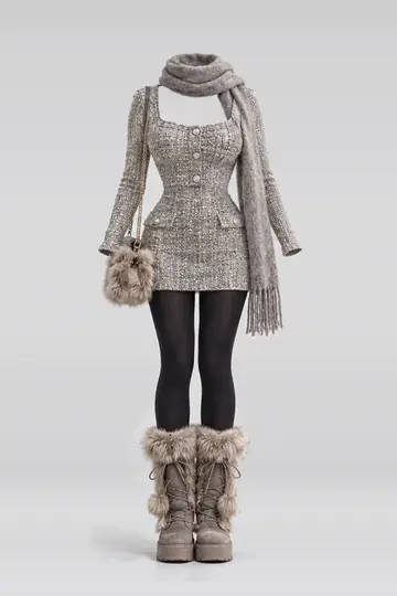 Silver grey mini dress + black tights