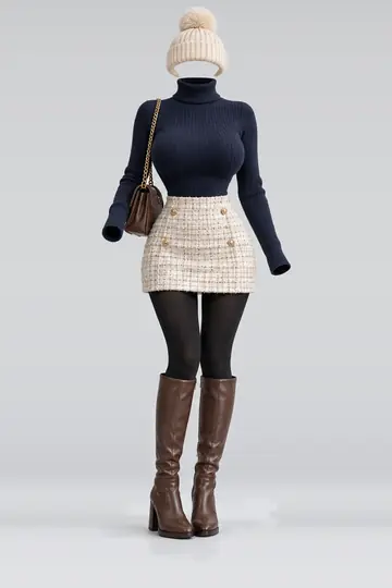 Navy knit top + cream mini skirt