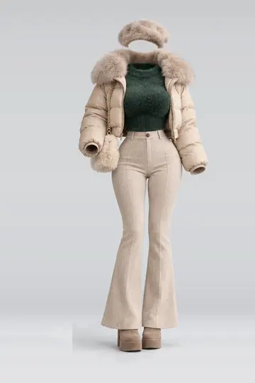 Green knit top + beige trousers