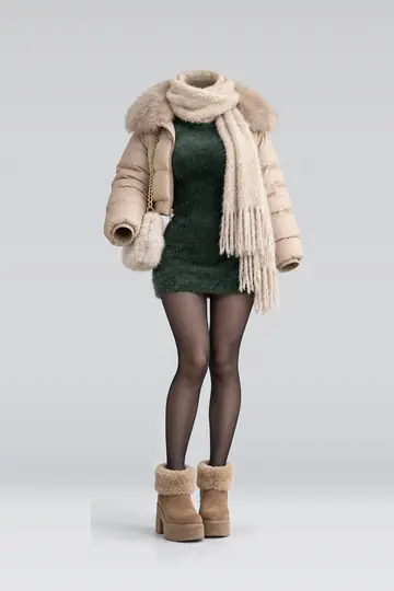 Green knit mini dress + fur jacket