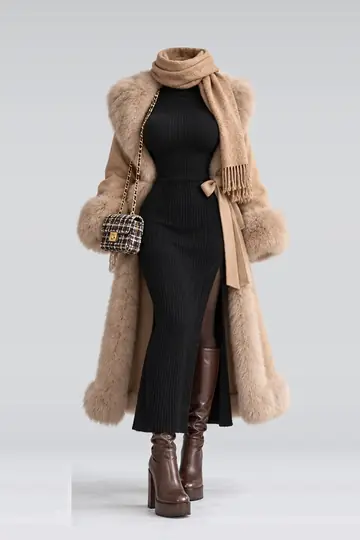 Black knit dress + fur coat