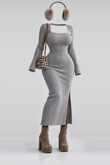 Grey knit dress + brown tights
