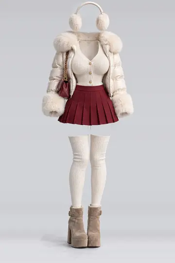 Ivory fur knit cardigan + red pleated mini skirt